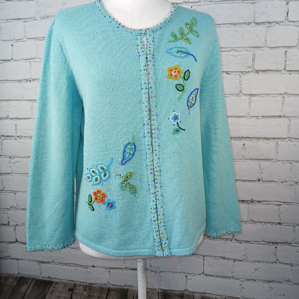 NORTHERN ISLES CARDIGAN SWEATER CHEYENNE BLUE BEADED FLOWERS WOMENS MEDIUM